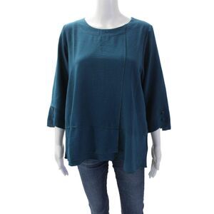 Shana Womens Layered Round Neck 3/4 Sleeve Pullover Blouse Top Blue Size M